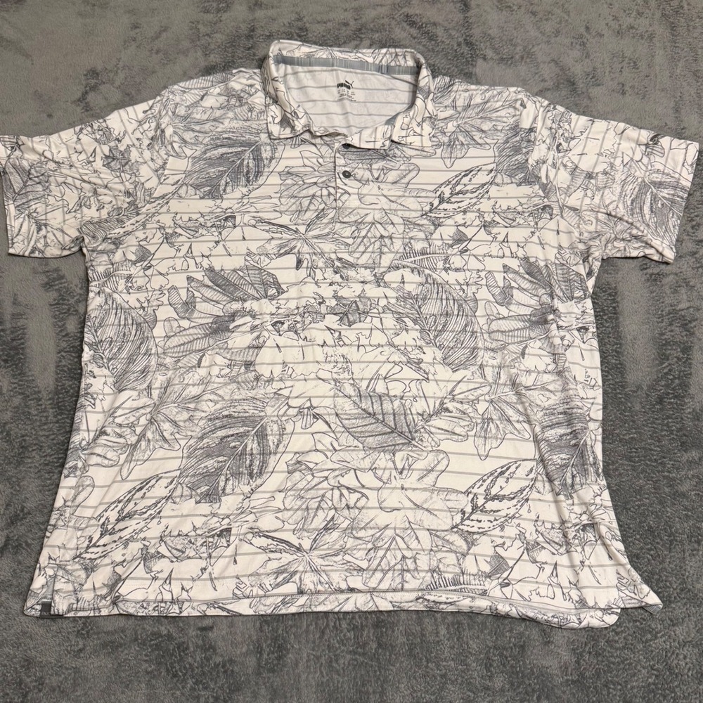 Puma Mens Golf Polo Shirt XXL‎ White Gray Leaf Print Stripe Short Sleeve